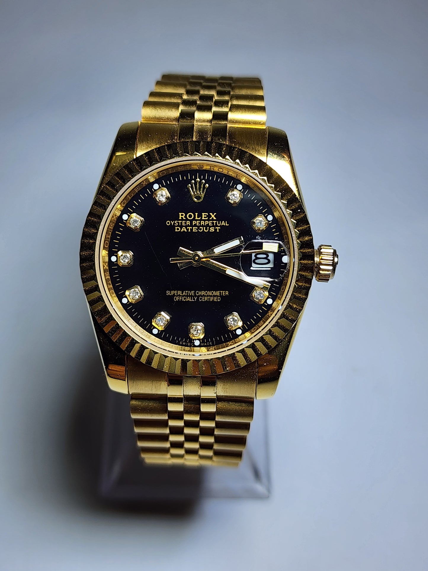 ROLEX Jubilee Date Just Gold Fluted Bezel Black Dial Quartz Watch