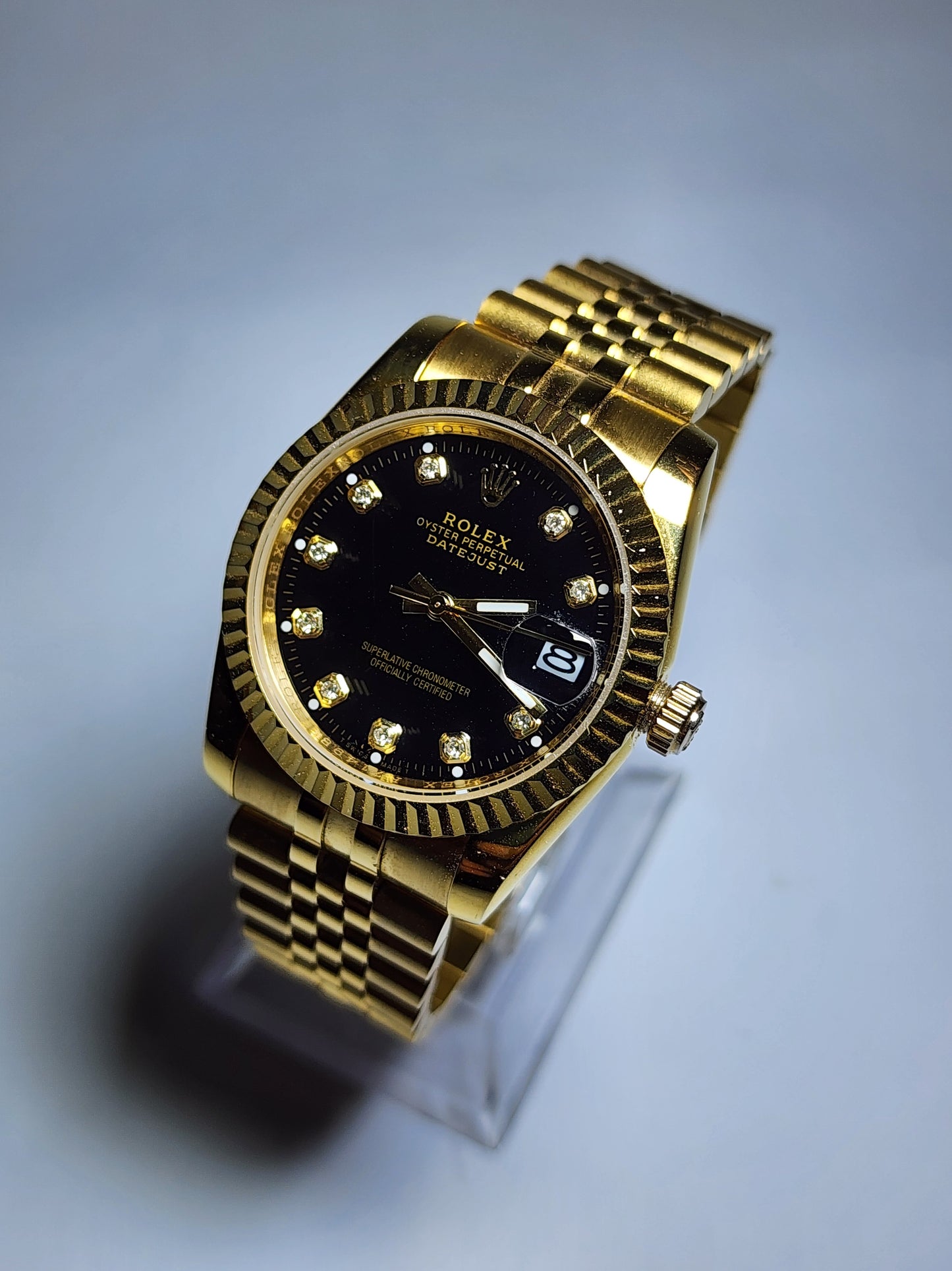 ROLEX Jubilee Date Just Gold Fluted Bezel Black Dial Quartz Watch