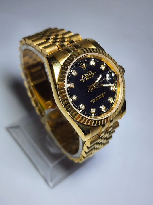 ROLEX Jubilee Date Just Gold Fluted Bezel Black Dial Quartz Watch